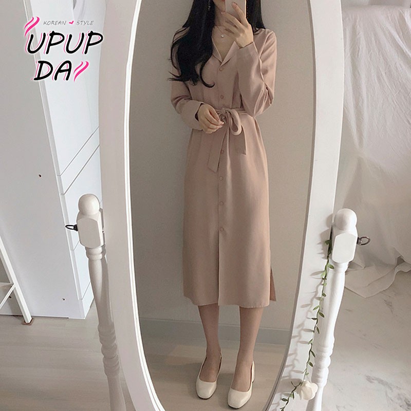Đầm Sơ Mi Dáng Dài Cài Một Hàng Nút Nhấn Eo Phong Cách Hàn Quốc Thanh Lịch Cho Nữ