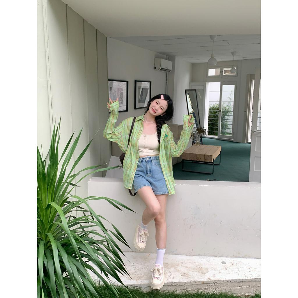「 WELOVE1 」Áo Sơ Mi Nữ Tay Dài Dáng Rộng Họa Tiết Caro Màu Xanh Lá Phong Cách Retro Mùa Hè Mới