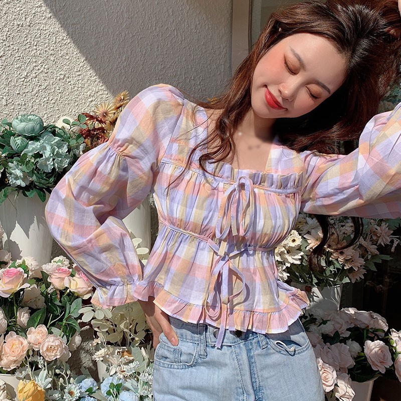 Áo Nữ Tay Dài Cổ Vuông Họa Tiết Caro Thời Trang Quyến Rũ | BigBuy360 - bigbuy360.vn