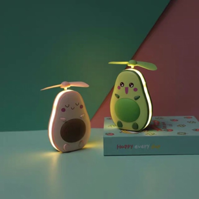 Quạt tích điện mini cầm tay hình quả  bơ có đèn và kèm gương,