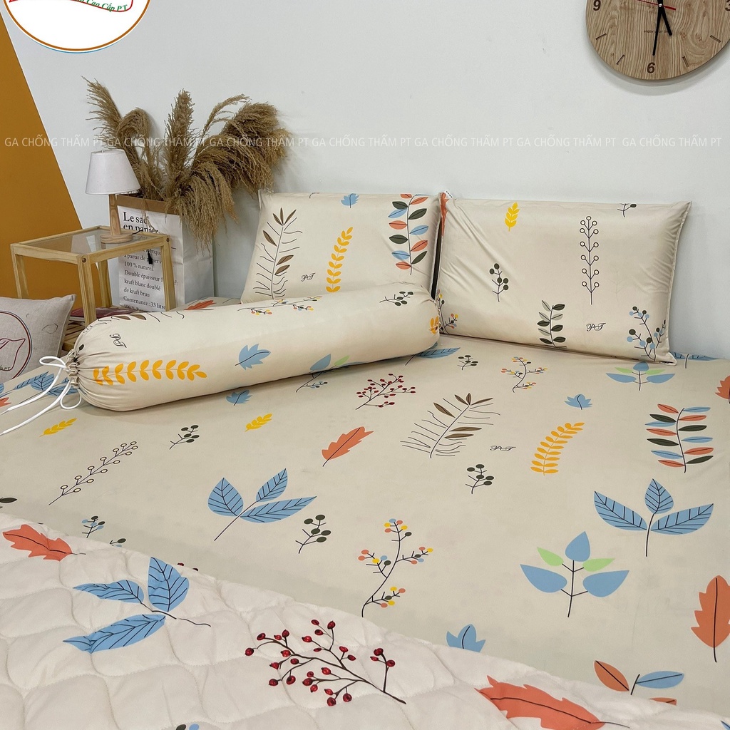 Bộ ga chống thấm cotton cho bé, drap chống thấm nước cao cấp kèm vỏ gối đầu và vỏ gối ôm mềm mịn mát (mẫu hoa trà sữa)