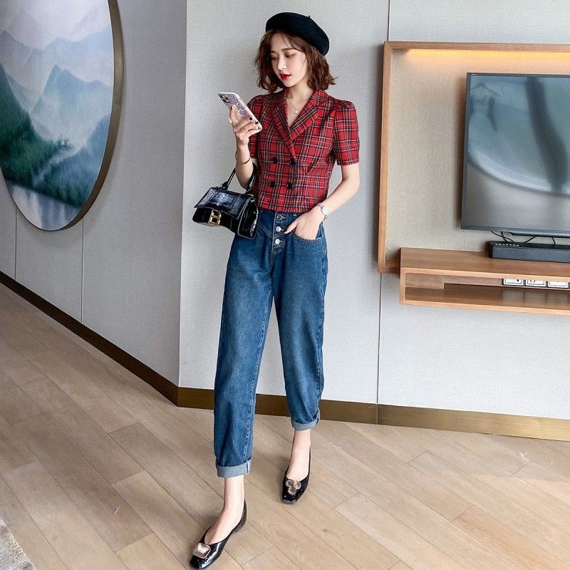 Áo Sơ Mi Voan Chiết Eo Cổ Điển Kiểm Tra Eo Mùa Hè Hàng Mới Dành Cho Nữ