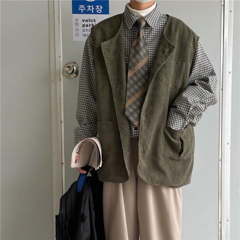 ✦ AFFLIGE ✦Áo khoác ghi lê vải nhung vân nổi dáng rộng màu trơn phối túi đơn giản thời trang đường phố cho nam nữ | BigBuy360 - bigbuy360.vn