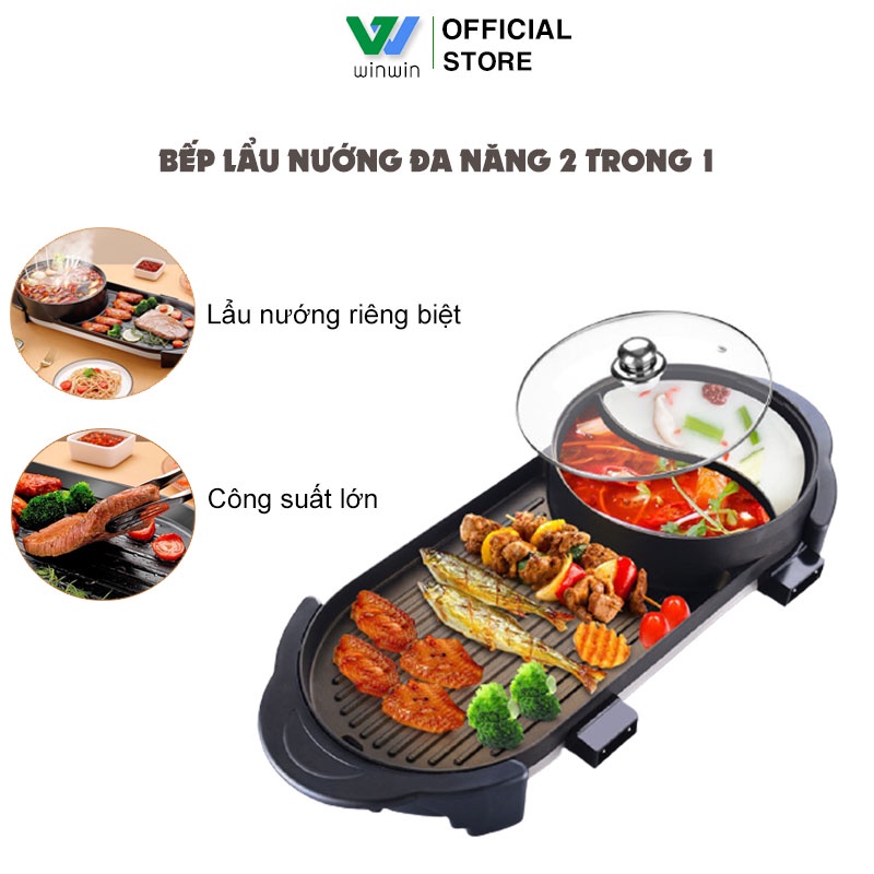 Bếp lẩu nướng Đa năng 2 trong 1, Công suất 2200W bề mặt chống dính truyền nhiệt nhanh, tiện lợi cho mọi gia đình