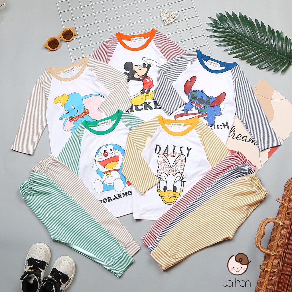 [SALE] Bộ Quần Áo Bé Gái, Bé Trai Minky Mom Vải Thun Lạnh Mickey Tay Kẻ, Bộ Dài Tay Cho Bé Mặc Nhà Thu Đông MKMTD2209
