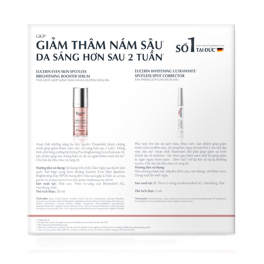 COMBO Giảm Thâm Nám &amp; Dưỡng Trắng Eucerin (Spotless Brightening Booster Serum 30ml &amp; UltraWhite Spotless Corrector 5ml)