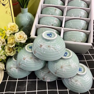 Bộ bát cơm men ngọc vẽ hoa tre