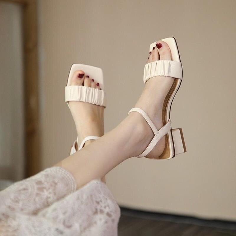Giày Cao Gót Sandal Quai Ngang Nhún Dây Cài Cao 3 Phân Nữ Đế Vuông (ảnh chụp thật)