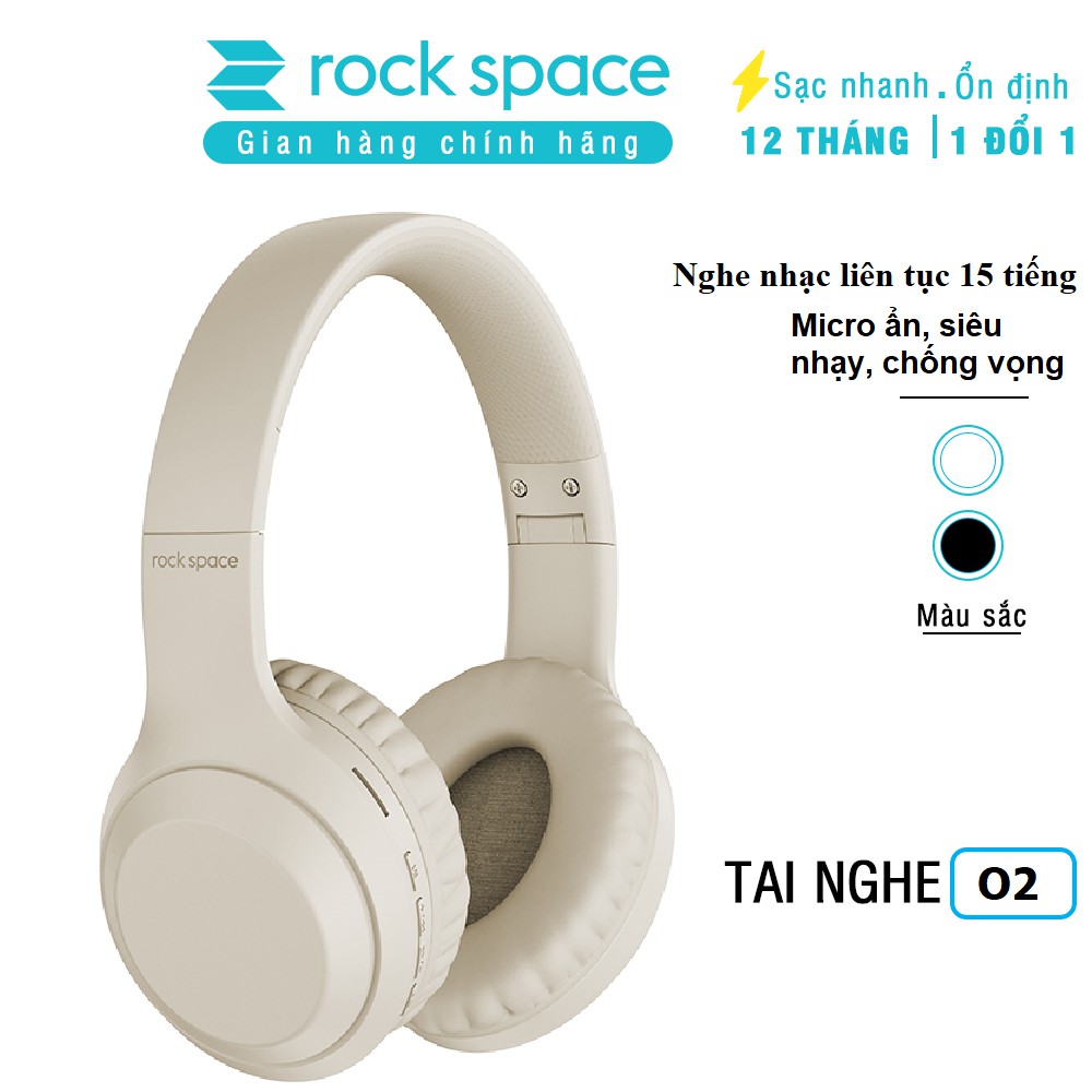 Tai nghe không dây bluetooth chụp tai Rockspace O2, có mic, chơi game, nghe nhạc liên tục 15h, hàng chính hãng BH 1 năm, Màu đen cao cấp