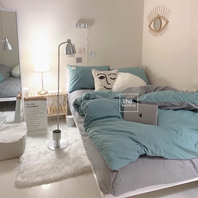 Bộ chăn ga gối cotton đũi: mix ghi xanh mint | BigBuy360 - bigbuy360.vn
