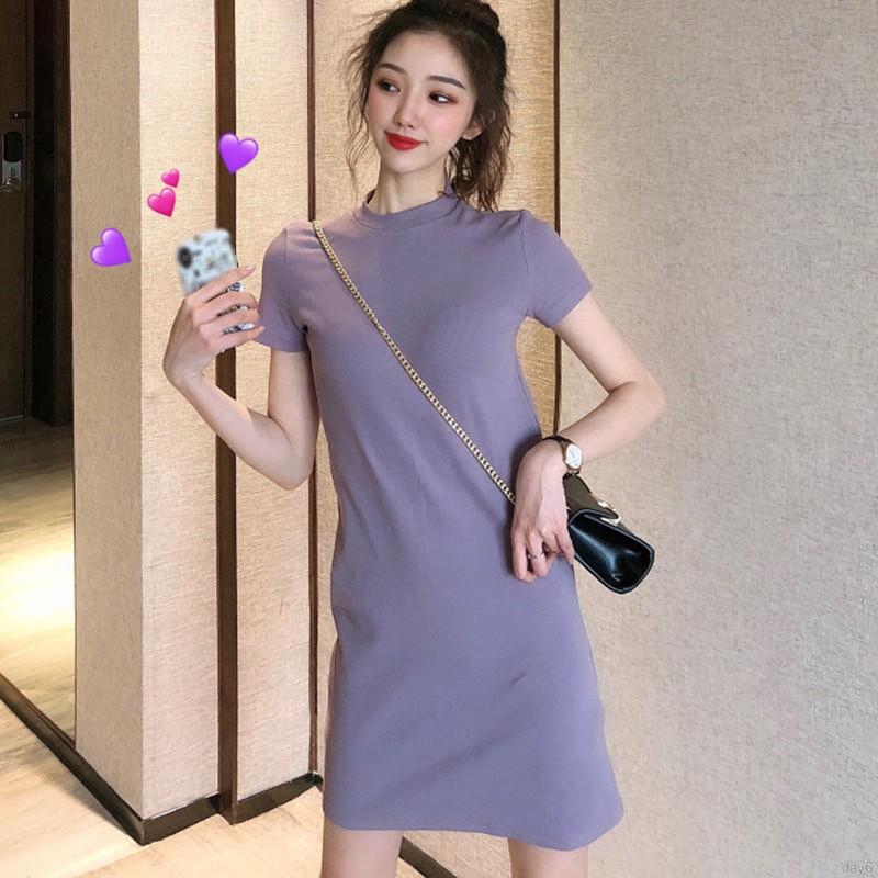 Đầm Tay Ngắn Cổ Tròn Màu Trơn Thiết Kế Đơn Giản Phong Cách Hàn Quốc