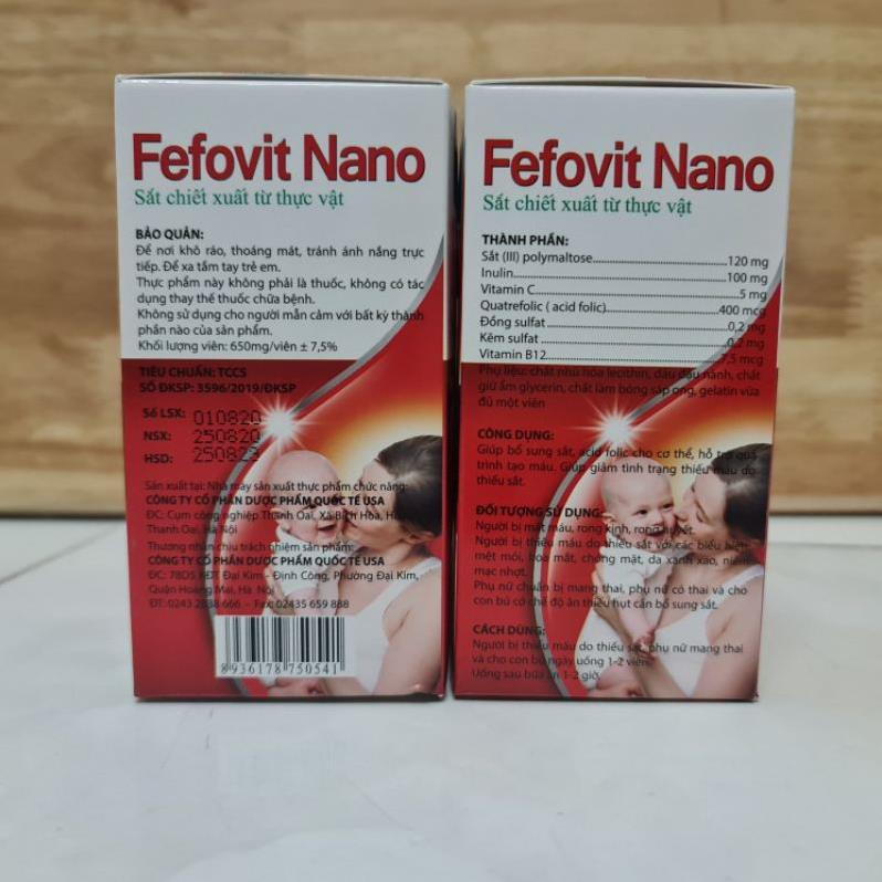 (CHÍNH HÃNG) Fefovit Nano giúp bổ sung sắt, tăng cường lưu thông máu cho phụ nữ mang thai Hộp 100 viên
