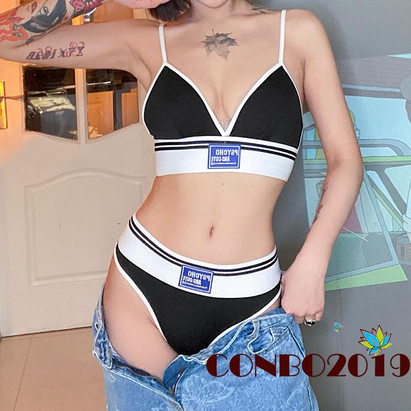 HGM-2Pcs Women Underwear Suit, Letters Embroidery Spaghetti Strap Bra + High-Waist Briefs for Girls, Black