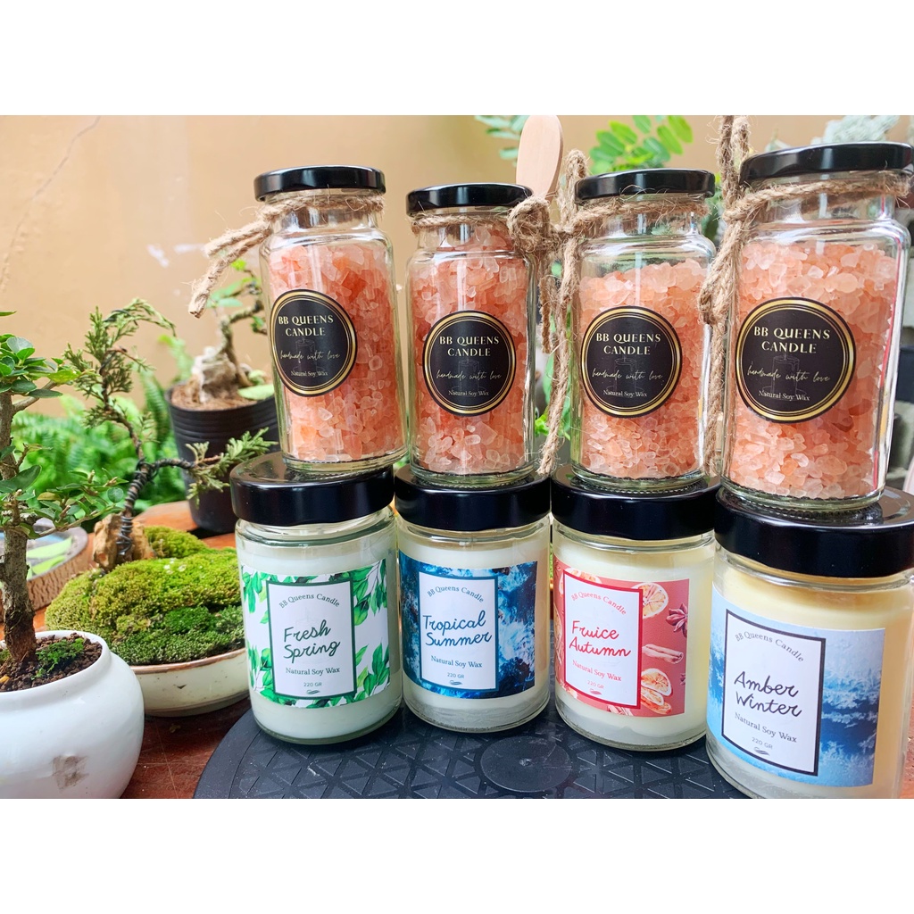 Nến Thơm Handmade và hũ muối hồng Hymalaya có 2 size tùy chọn _ Hương thơm 4 mùa