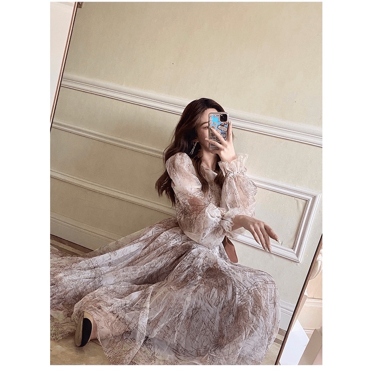 [FREE SHIP] ĐẦM XÒE LƯỚI IN HOA TIỂU THƯ PHONG CÁCH CỔ ĐIỂN SANG CHẢNH PU (HÀNG QUẢNG CHÂU)