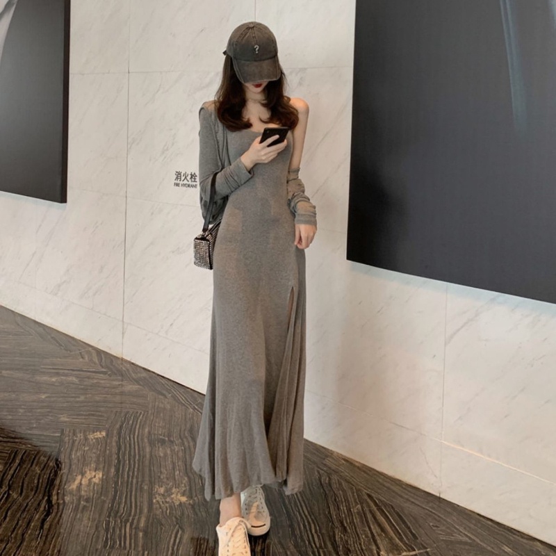 COZOK Set đầm xẻ tà + áo khoác COZOK tay dài thời trang quyến rũ cho nữ