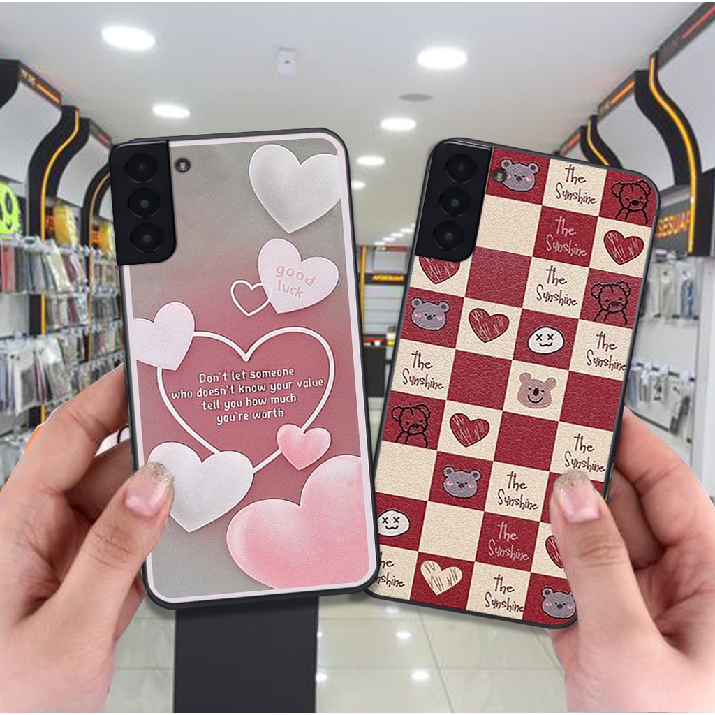 Ốp Samsung S21 / S21 FE / S21 Plus / S21+ in hình trái tim caro đen trắng , hồng cute xinh xắn dễ thương