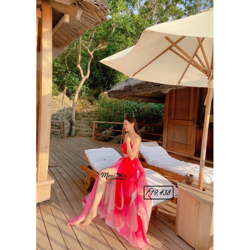 ĐẦM MAXI LOANG HỒNG XẺ TÀ NHÚN LƯNG CỔ YẾM VÁY ĐI BIỂN F19.438 MAXI YẾN
