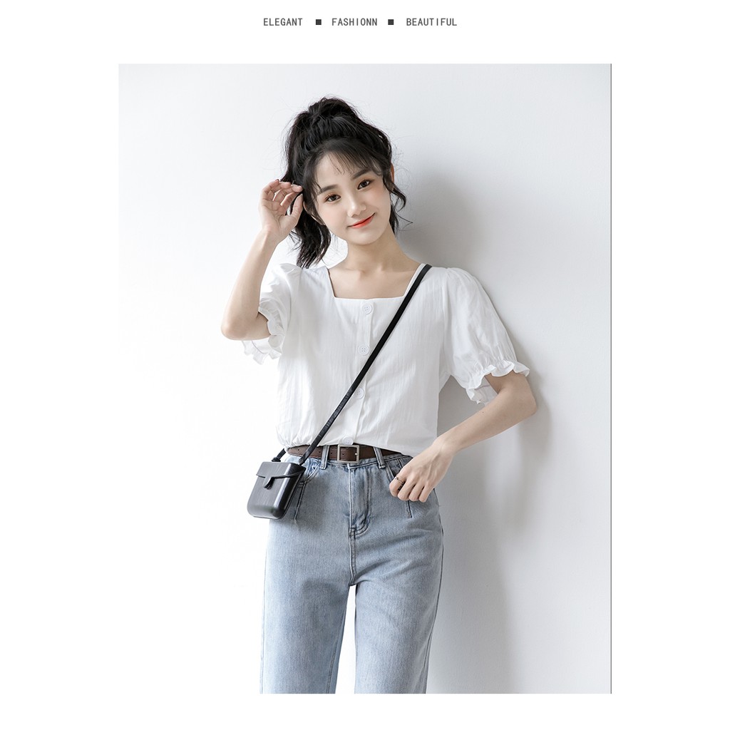 Women's French Square Neck Puff Sleeve Blouse Loose Fashion Summer Solid Short Sleeve Crop Tops | BigBuy360 - bigbuy360.vn