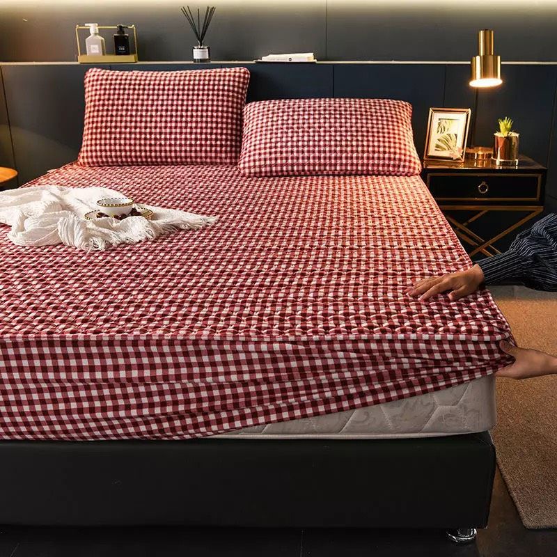 Bộ Ga Gối Kẻ Muji Nỉ Nhung trần chun xuất Nhật