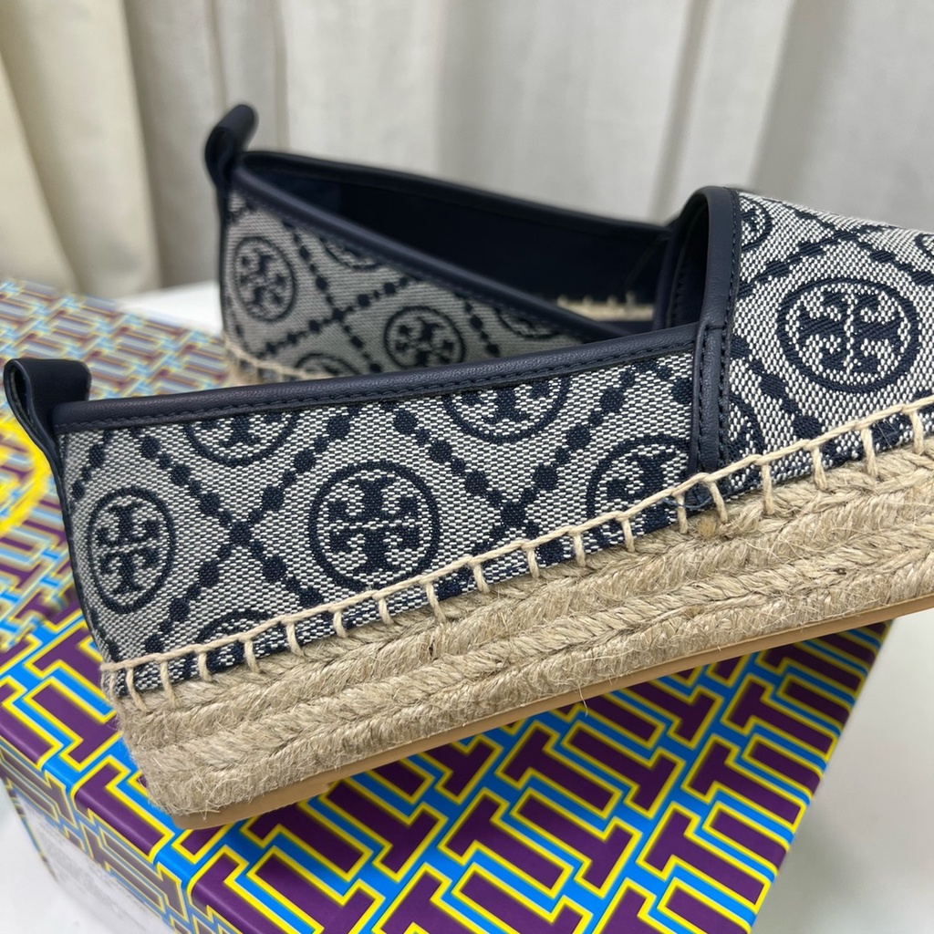 Giày đế cói nữ da thật thời trang cao cấp Tory Burch TB thiết kế thêu họa tiết logo