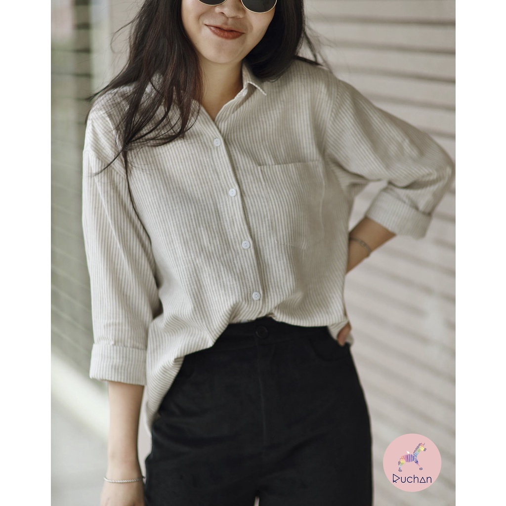 Áo sơ mi sọc nữ RUCHAN tay dài form rộng linen sọc xanh trắng kiểu đẹp công sở thiết kế