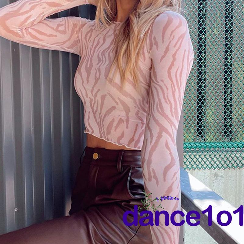 Áo kiểu tay dài cổ tròn ngắn viền tai gỗ in họa tiết cho nữ