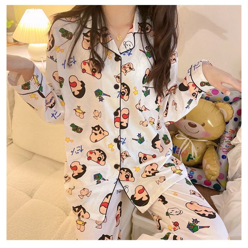 Bộ Đồ Ngủ Tay Dài In Hoạt Hình Cậu Bé Bút Chì Kiểu Nhật Bản Dễ Thương Cho Nữ