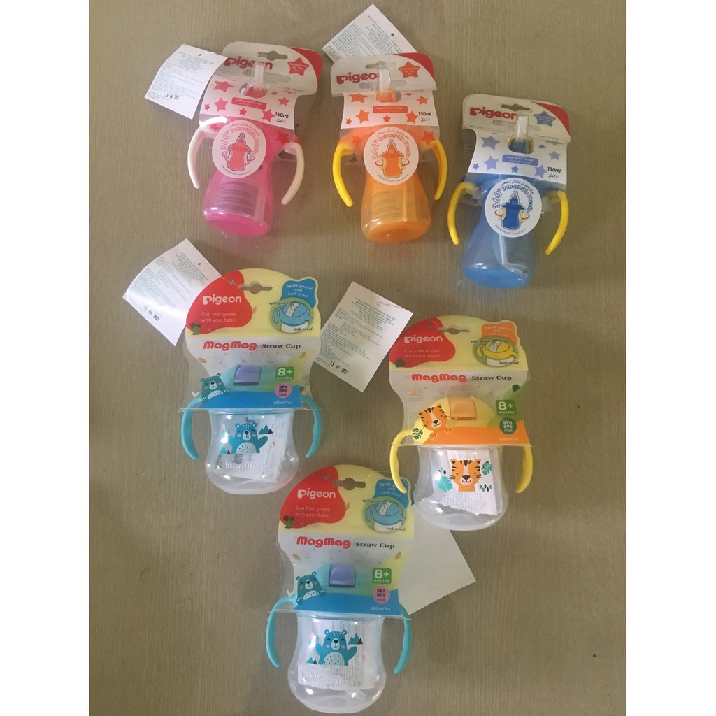 Bình tập uống cho bé, Bình Uống Nước Tay Cầm Có Ống Hút Pigeon 150Ml, Màu xanh, hồng, cam