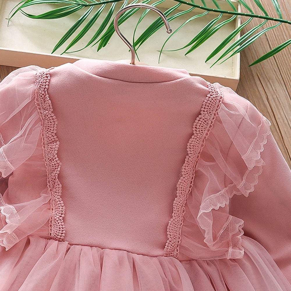 Đầm công chúa BEAR LEADER tay dài phối ren lưới thời trang mùa xuân 2022 cho bé gái 2-6 tuổi