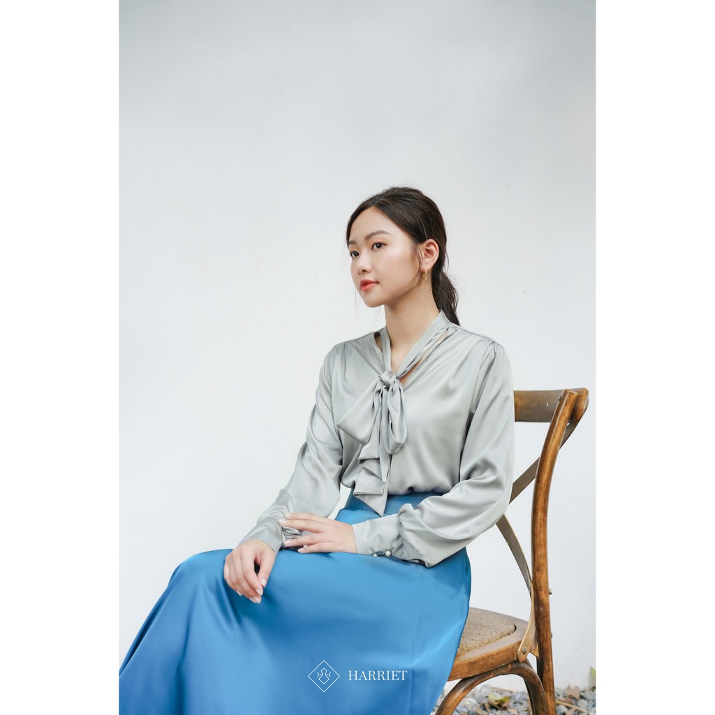 Áo sơ mi Nữ suông vai chờm cổ nơ trẻ trung cá tính xám tro Harriet