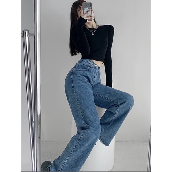 Quần Jean suông cạp lệch &lt;FREE SHIP&gt; Quần jean nữ hot trend