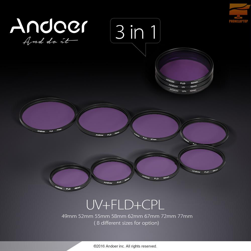 Đầu lọc Lapt Andoer 67mm (UV + CPL + FLD) + Túi đựng nylon + Nắp đậy + Giá đỡ nắp + Tấm trùm + Vải lau ống kính