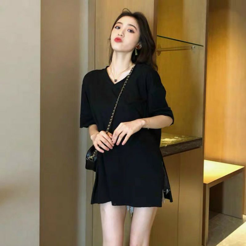 Áo thun kiểu xẻ tà có túi siêu xinh tay lỡ cotton màu trắng màu đen shop Tiến Linh