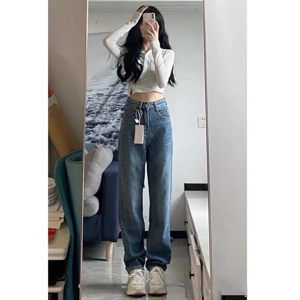 Quần jeans suông cạp cao xanh đậm