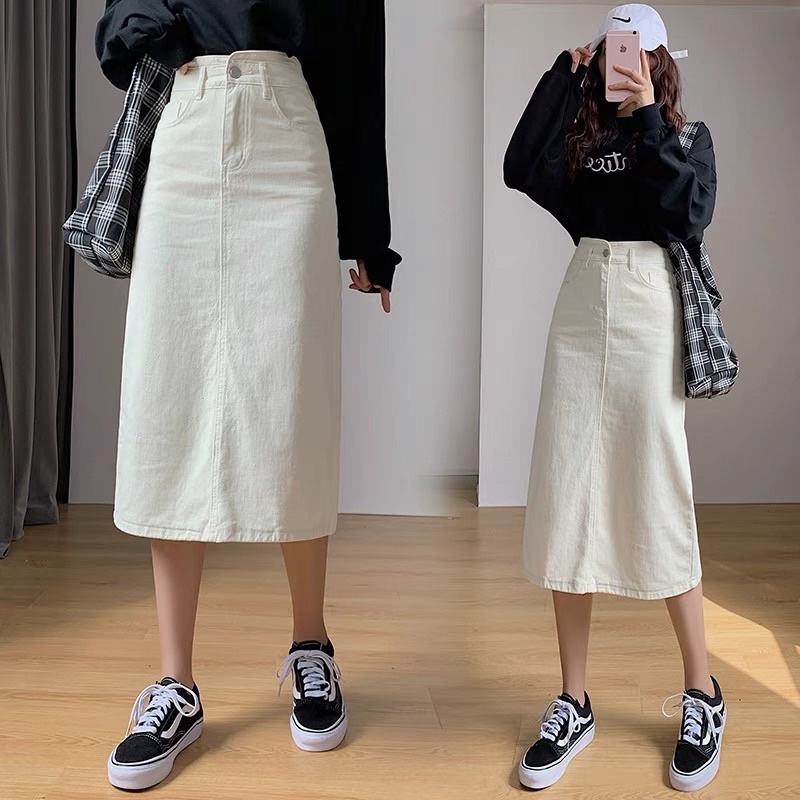 Chân váy chữ A thô xoè xẻ sau dáng dài vintage