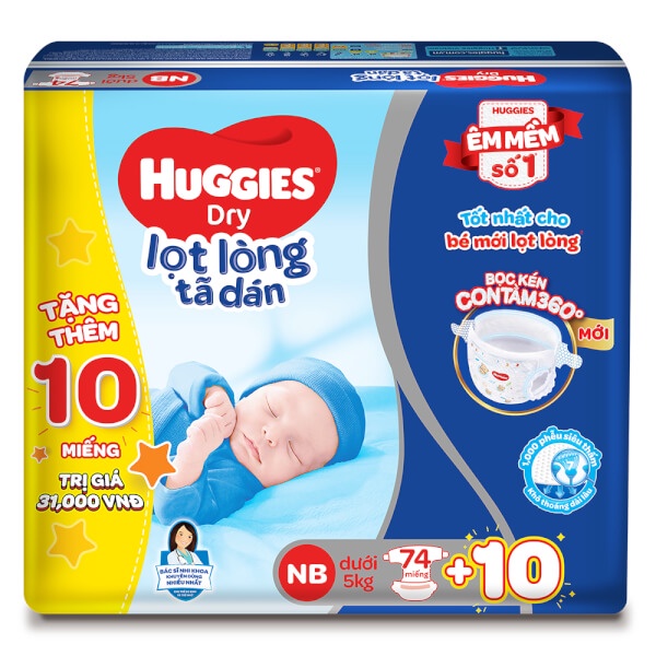 [ Tặng kèm 10 miếng ]Tã dán sơ sinh huggies size NB1 56, NB2 40, NB74 miếng cho bé dưới 5kg