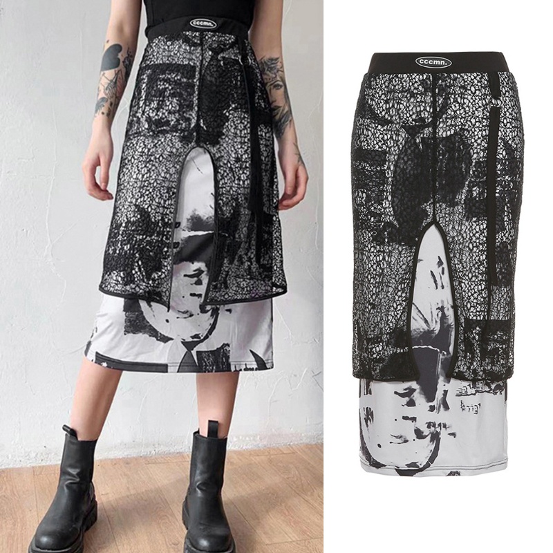 Chân Váy Midi Chữ A Lưng Cao Dáng Ôm In Họa Tiết Chân Dung Phong Cách Gothic Punk Cho Nữ