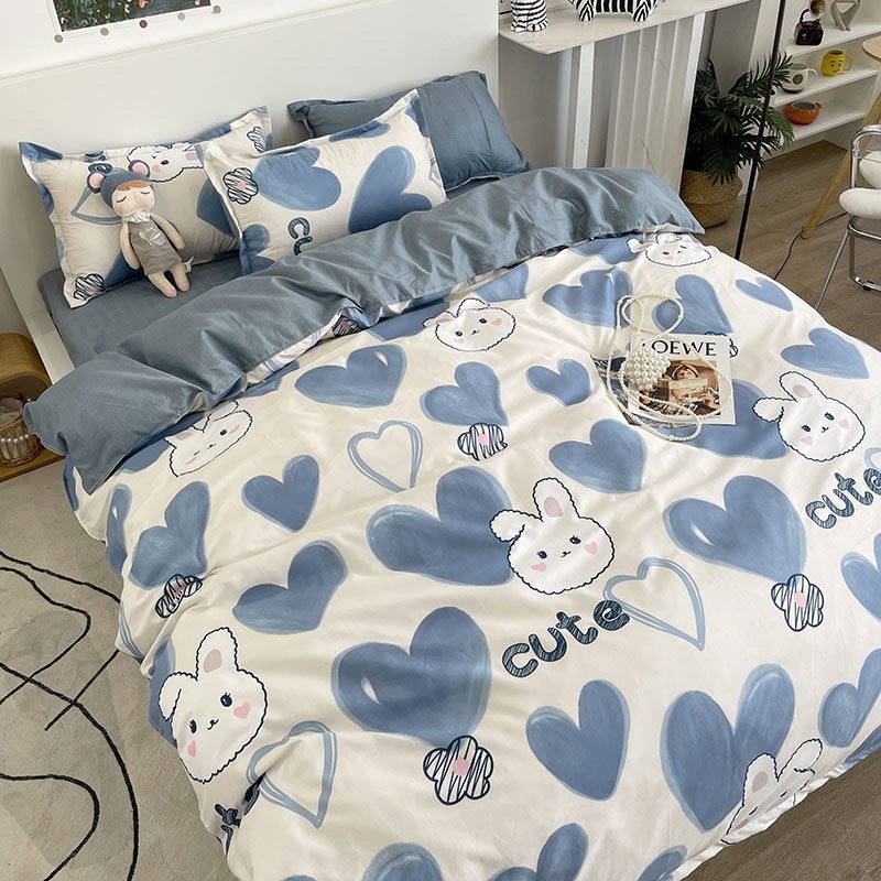 Bộ ga gối và vỏ chăn Cotton Poly nhập khẩu mẫu Thỏ Tim Xanh Decor Home