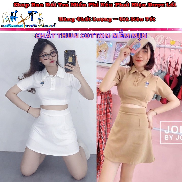Sét váy chữ A kèm áo thun cổ bẻ mềm mịn thêu hình siêu hót mẫu mới hottrend 2020