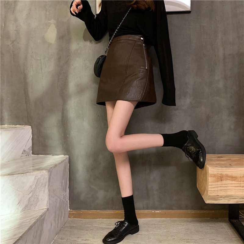 Xiaozhainv Chân váy da PU lưng cao form chữ A phong cách Hàn Quốc trẻ trung cho nữ | BigBuy360 - bigbuy360.vn