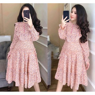 Đầm Hoa Bèo Ngực Tùng Nhúng Voan Lụa