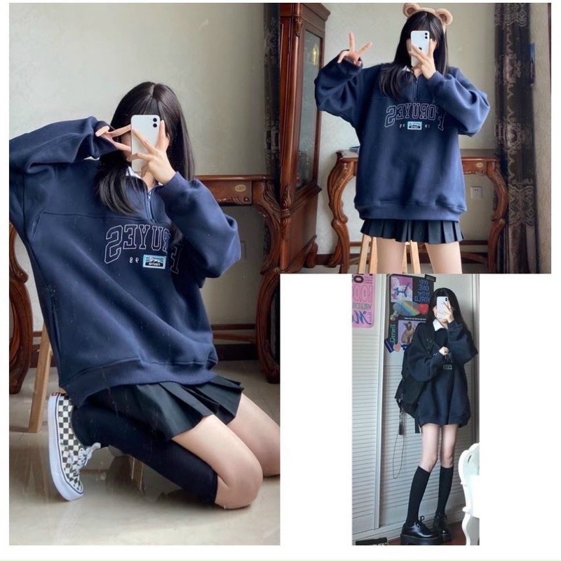 Áo Swearter cổ bẻ kéo khoá dáng unisex chất nỉ bông dày dặn fom dưới 65kg