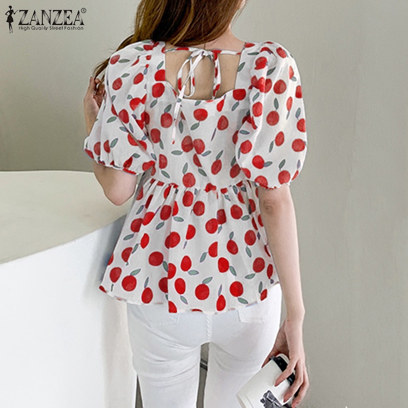 ZANZEA Áo Sơ Mi Tay Ngắn Phồng Cổ Vuông In Họa Tiết Trái Cây Thời Trang Phong Cách Hàn Quốc Cho