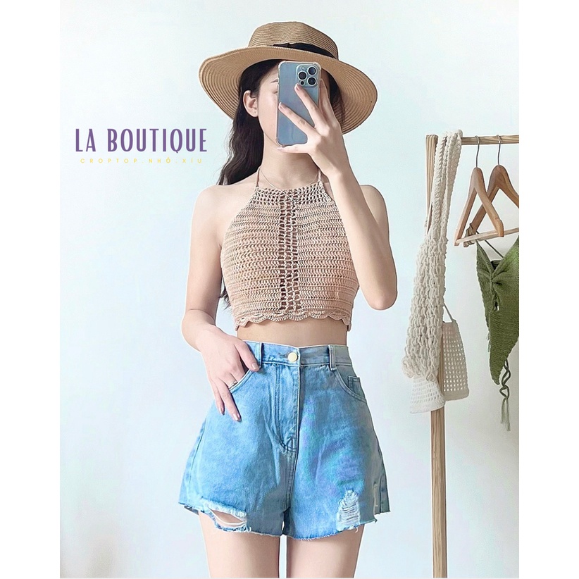 Quần Short Jean Nữ Rách Lưng Cao Hack Dáng Xanh Nhạt - La Boutique