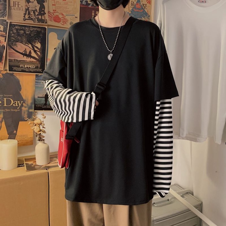 (Sẵn đen, trắng) ÁO THUN DÀI TAY TRƠN NỐI TAY KỂ SỌC UNISEX NAM NỮ
