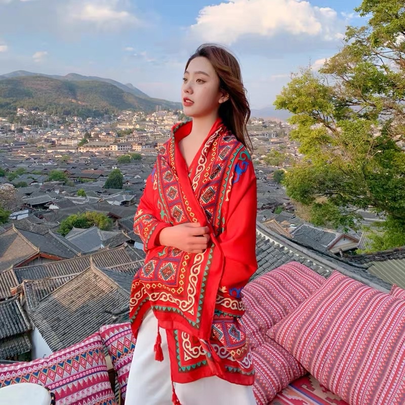 Khăn choàng in hoa văn thổ cẩm cao cấp che nắng du lịch size 90x180cm