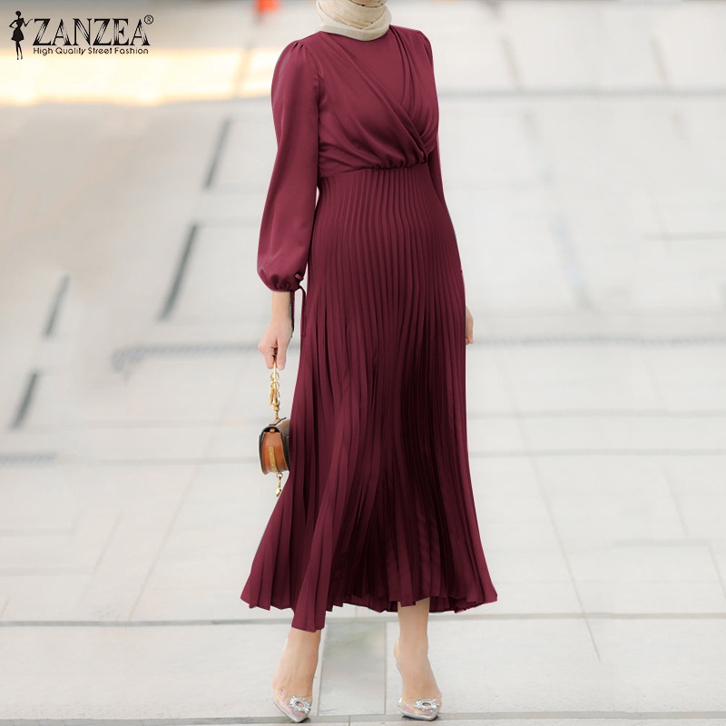 Zanzea Đầm Chữ A Tay Phồng Xếp Ly Thắt Dây Ruy Băng Kiểu Châu Âu Thanh Lịch Cho Nữ