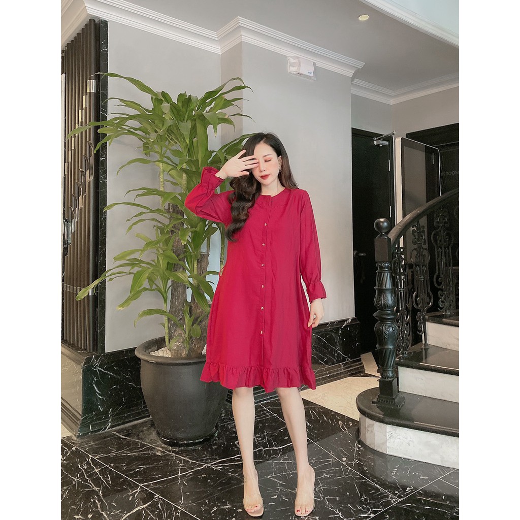 váy suông tay bo dài tay cổ tròn thắt nơ đuôi cá chất nhung tăm siêu hot | BigBuy360 - bigbuy360.vn