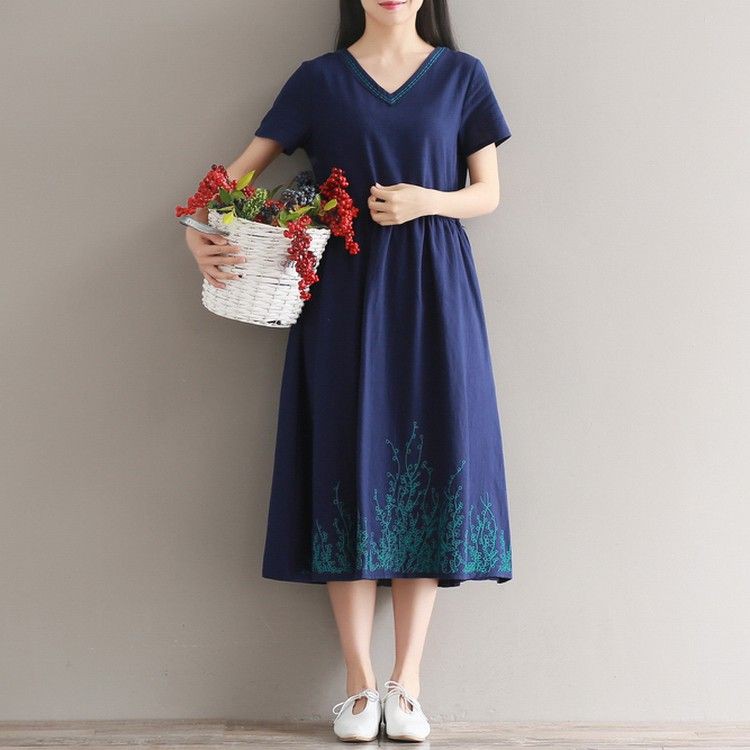 [ORDER] Váy đầm linen bigsize thêu hoa màu xanh đen (V020) - Có ảnh thật